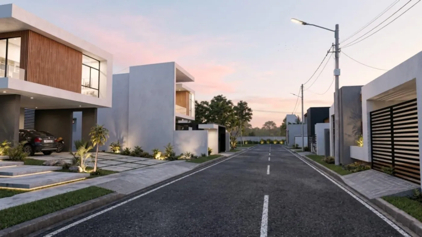 Calle del residencial al atardecer