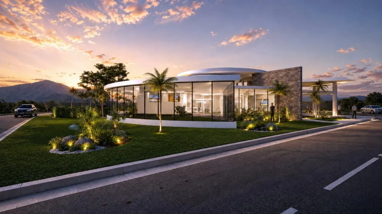 The clubhouse seen head-on at sunset