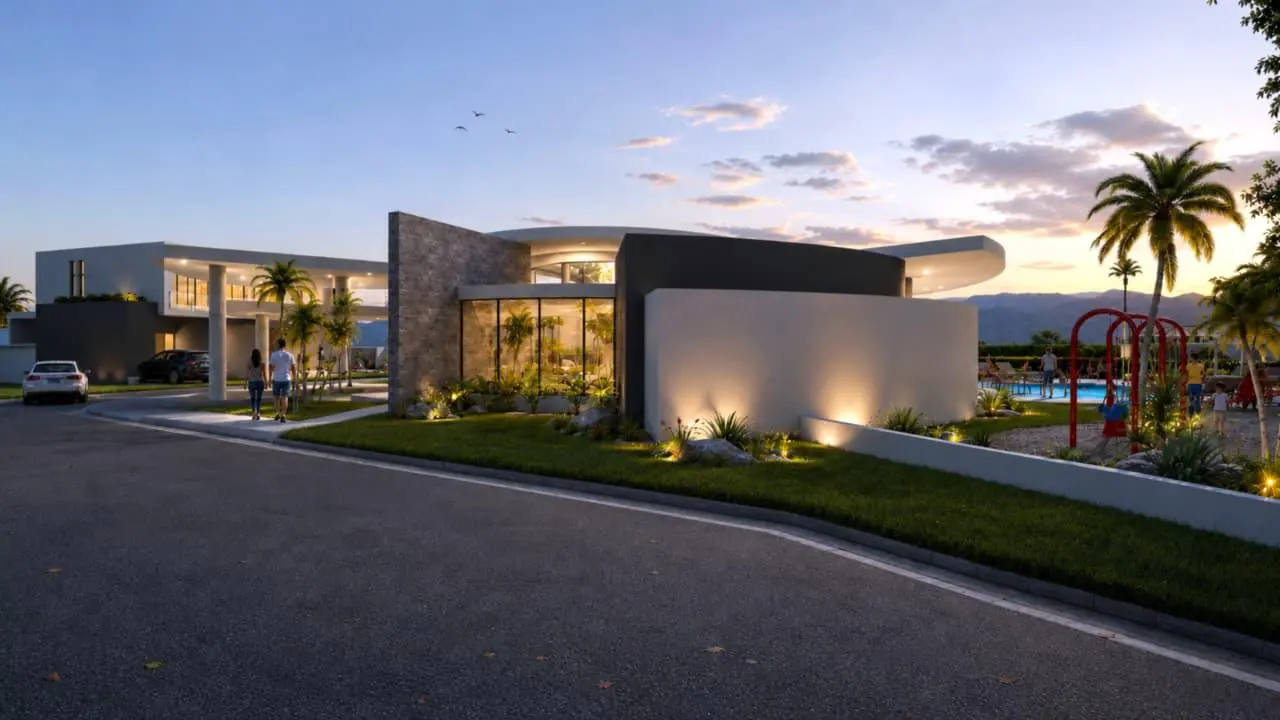 The clubhouse from the driveway at sunset