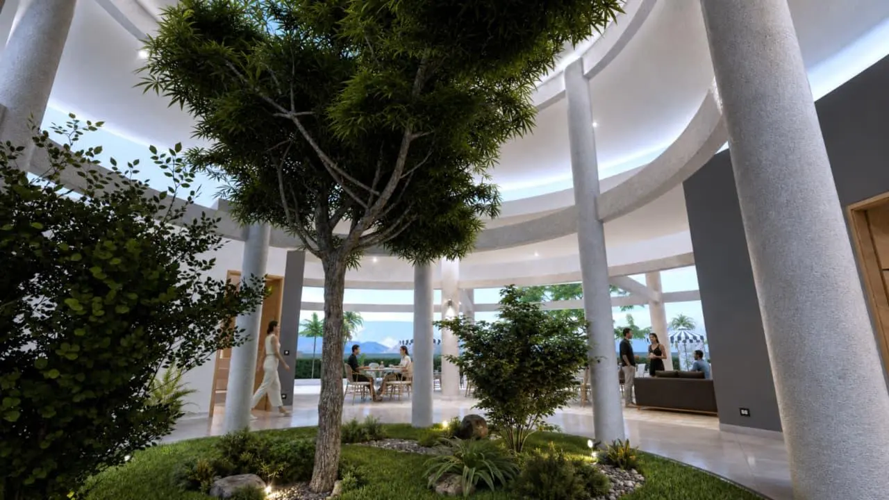 The clubhouse's central atrium and interior garden