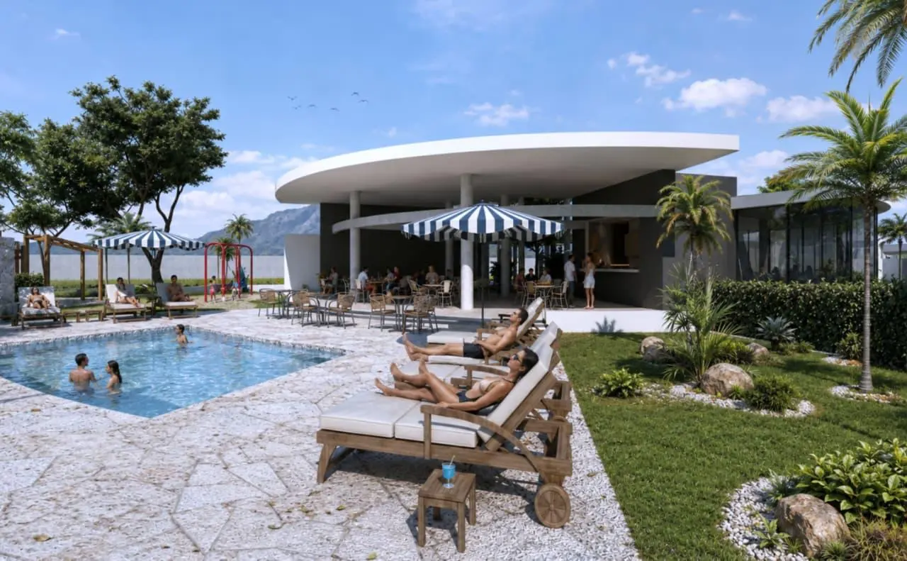 Loungers beside the pool and garden