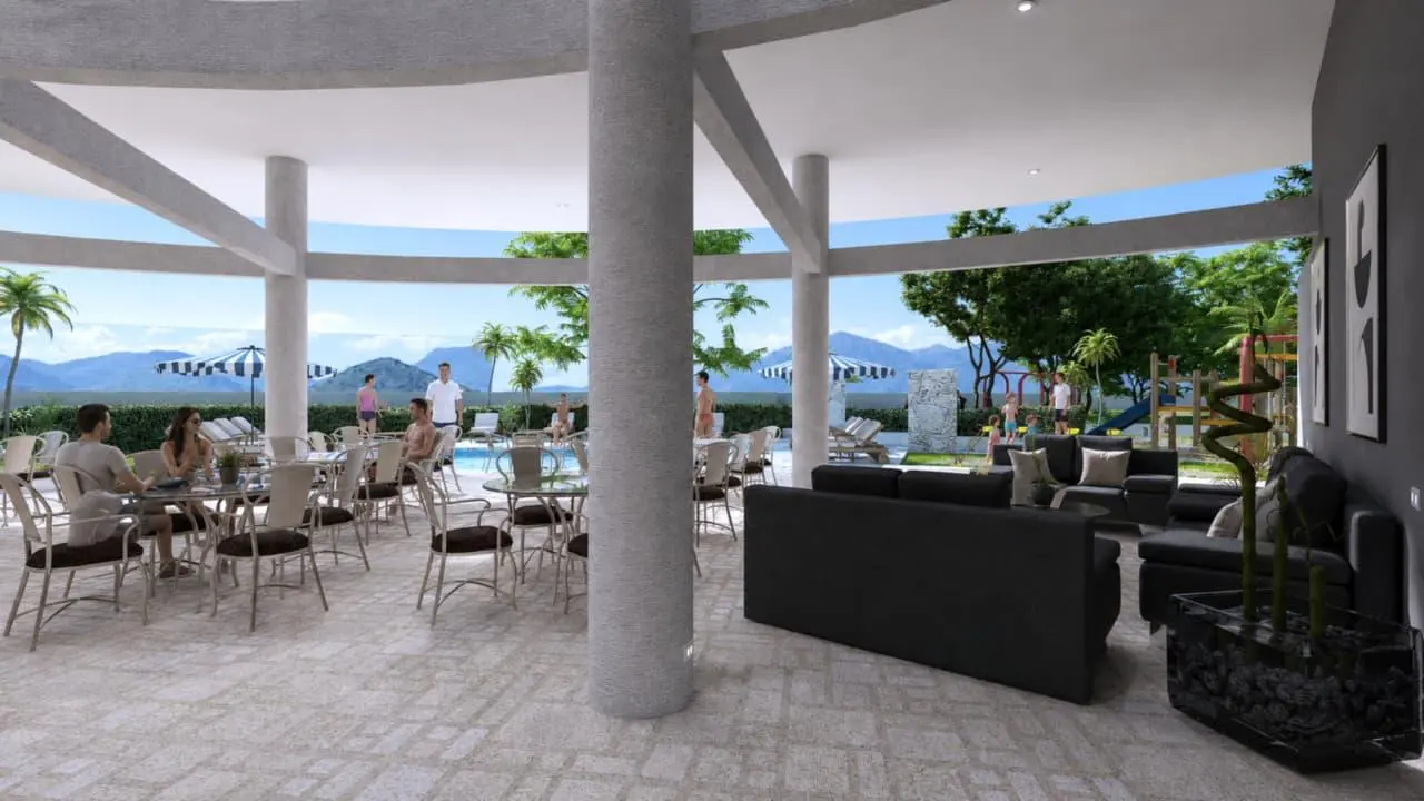 The social terrace, with sofas facing the pool