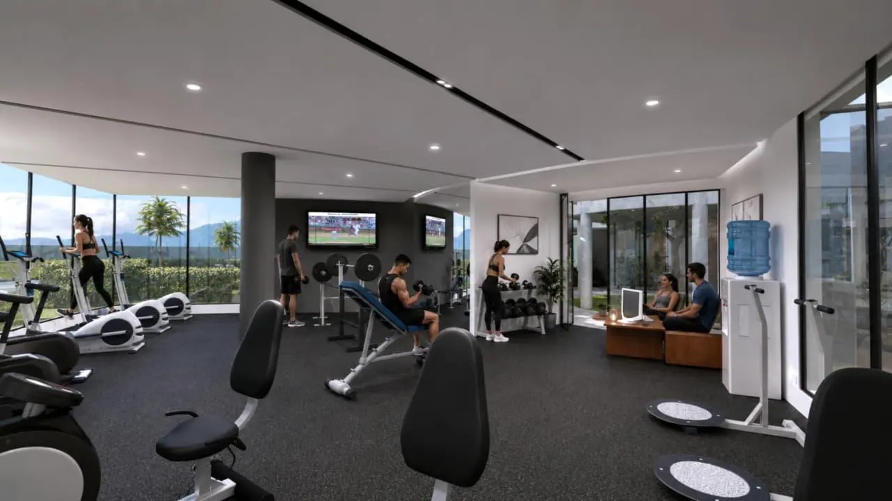 The gym's weights and rest area