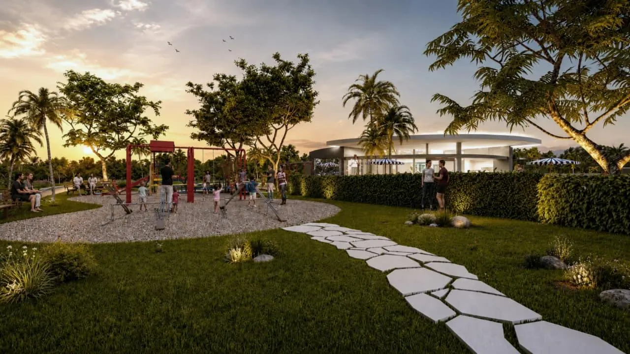 The playground at sunset, the clubhouse behind it