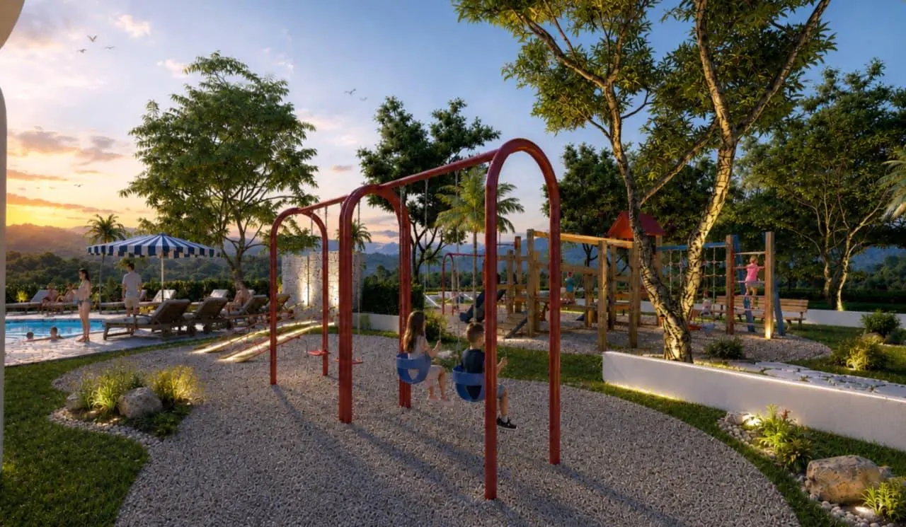 The playground swings, looking towards the pool