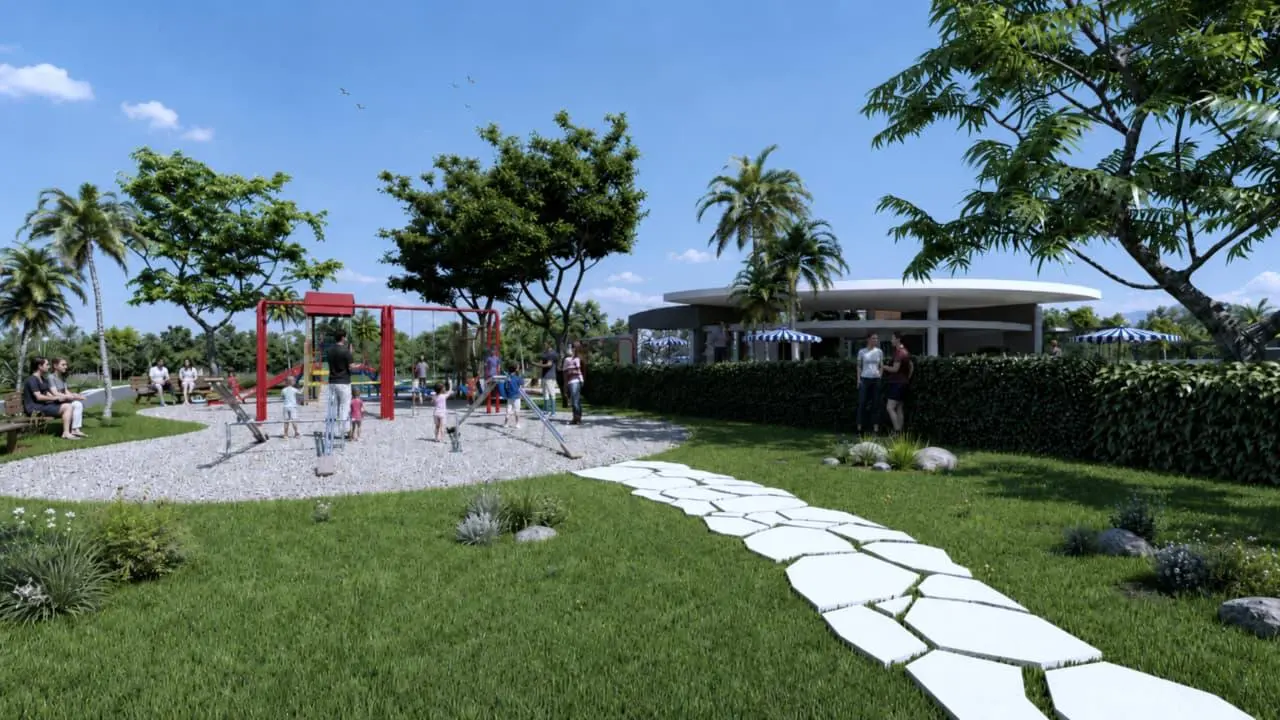 A path through the green areas towards the playground and clubhouse