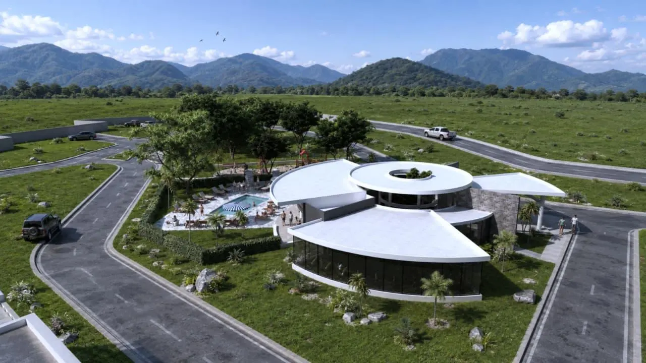 Aerial view of the clubhouse and pool