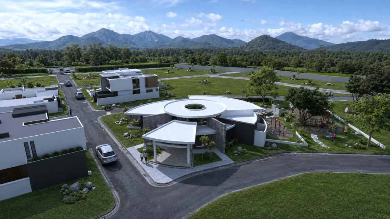 Aerial view of the clubhouse, model homes and playground